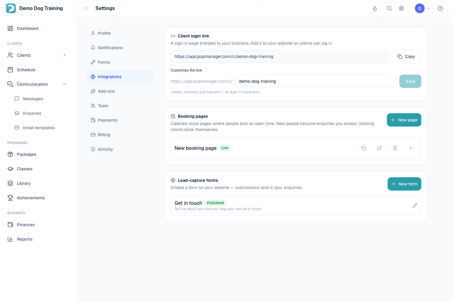 Lead-capture form and booking page settings, published and feeding enquiries
